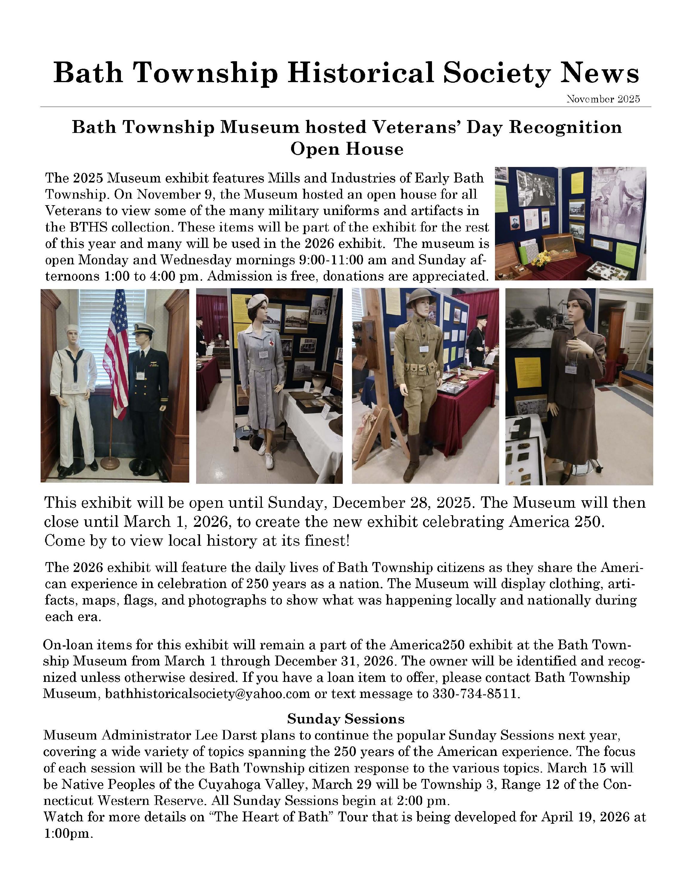 Museum newsletter showing open hours, programs, and images of the annual displays.